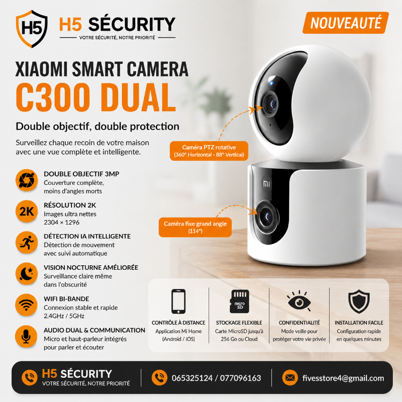 Xiaomi Smart Camera C300 Dual, une caméra de surveillance intérieure intelligente équipée d'un double objectif pour une couverture complète de la pièce.