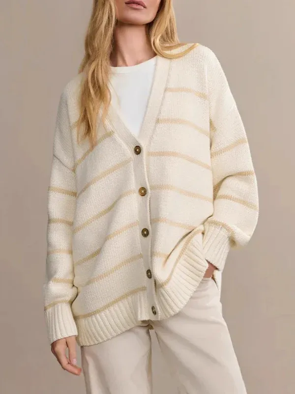 Long Sleeves Loose Split-Joint Striped V-Neck Cardigan Tops