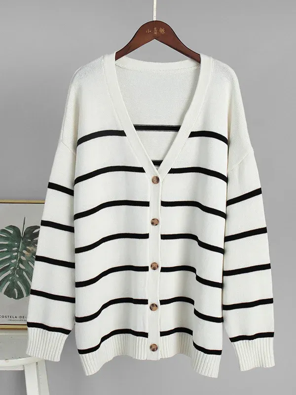 Long Sleeves Loose Split-Joint Striped V-Neck Cardigan Tops