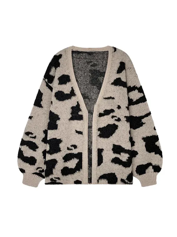 Long Sleeves Loose Contrast Color Leopard Print Cardigan Tops