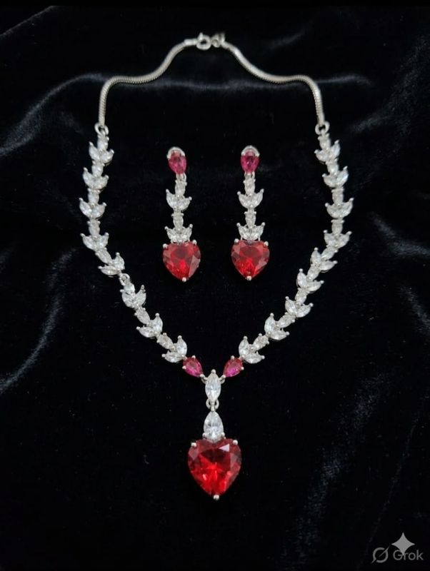 Rhodium-Plated with Silver-Toned White Cubic Zirconia & American Diamond studded Necklace and Drop Earrings Jewellery Set for women