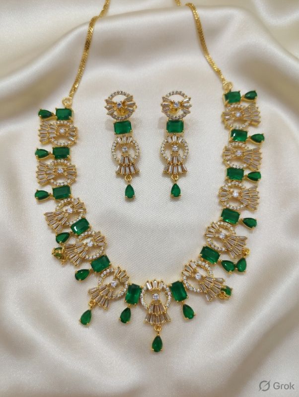 Rhodium-Plated with Gold-Toned White Cubic Zirconia & American Diamond studded Necklace and Drop Earrings Jewellery Set for women