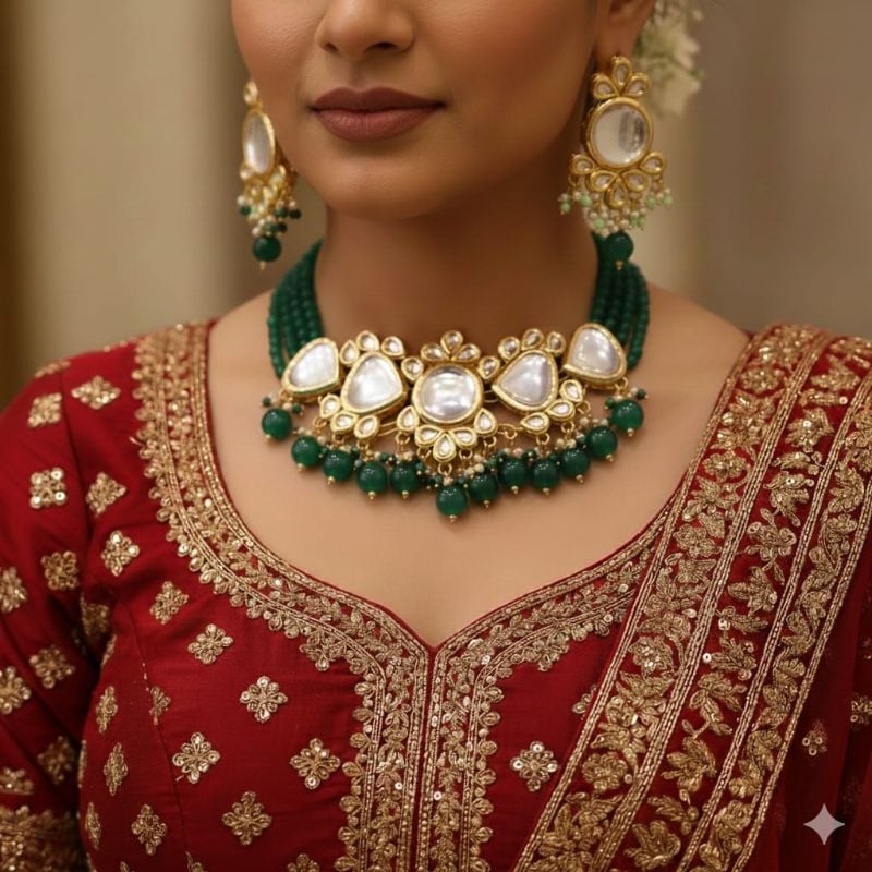 Meenakari 18k Gold Plated Tika Earring Combo Jewellery Set Uncut Kundan Big Faux Kundan Dibbi Kundan Choker Necklace Set for Girl's & Women