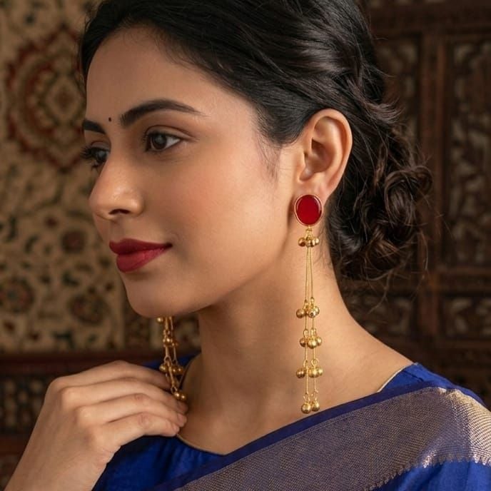 Kashmiri Style Gold Plated Long Chain Earrings for Women Traditional Dejhoor Inspired Hanging Earrings with Stones and Red Accents Wedding and Festive Jewelry