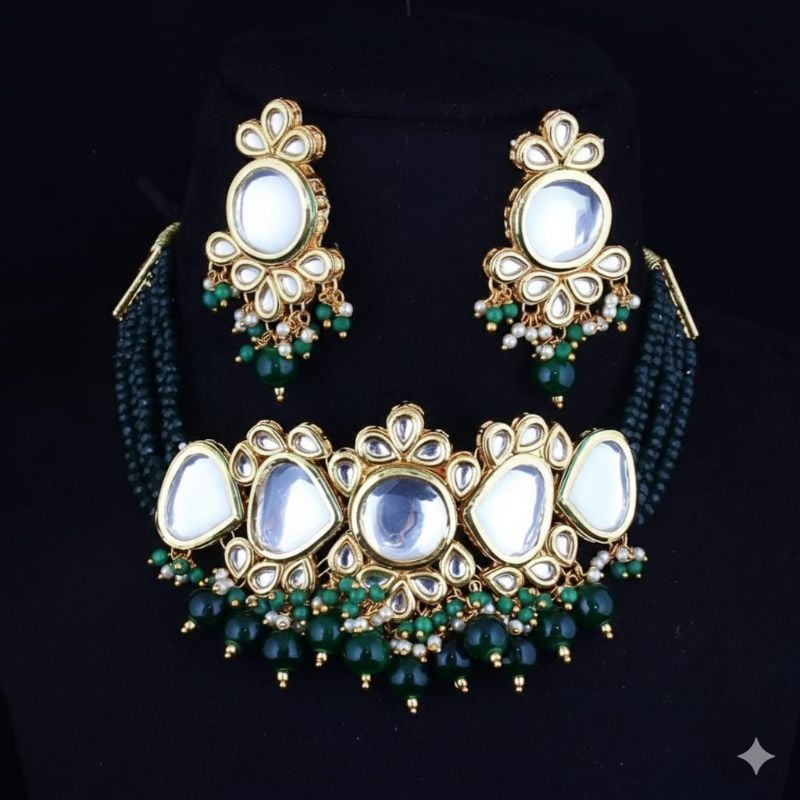 Meenakari 18k Gold Plated Tika Earring Combo Jewellery Set Uncut Kundan Big Faux Kundan Dibbi Kundan Choker Necklace Set for Girl's & Women