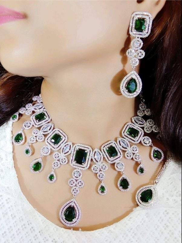 Rhodium-Plated American Diamond Studded Teardrop Tasselled Necklace With Earrings Jewellery Set For Girls and Women
-AD002