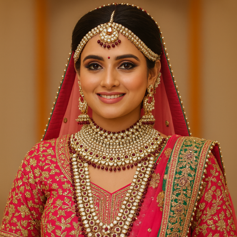 Indian Traditional Gold Plated Kundan Dulhan Bridal Jewellery Set With Choker EarringsMaang Tikka HathPhoor For Women-B001