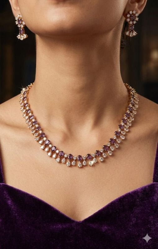 Necklace Set American Diamond Zirconia Studded Gold Plated Traditional Stylish Jewellery Gift for Women & Girls