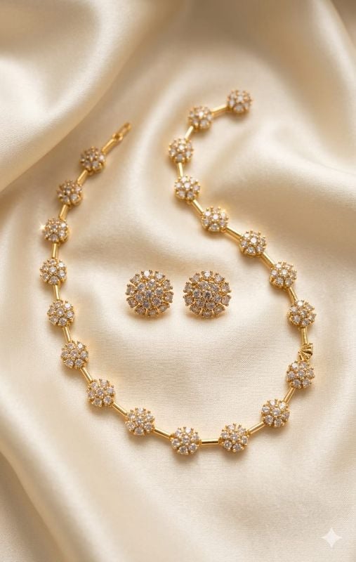 Rhodium Plated Silver Toned White American Diamond Studded Necklace With Earring Jewellery Set For Woment and Girl