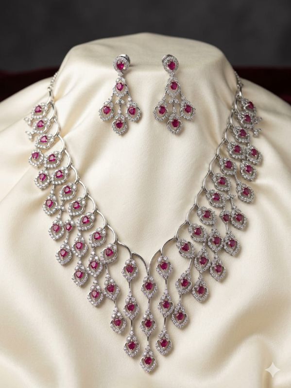Rhodium-Plated with Silver-Toned White Cubic Zirconia & American Diamond studded Necklace and Drop Earrings Jewellery Set for women