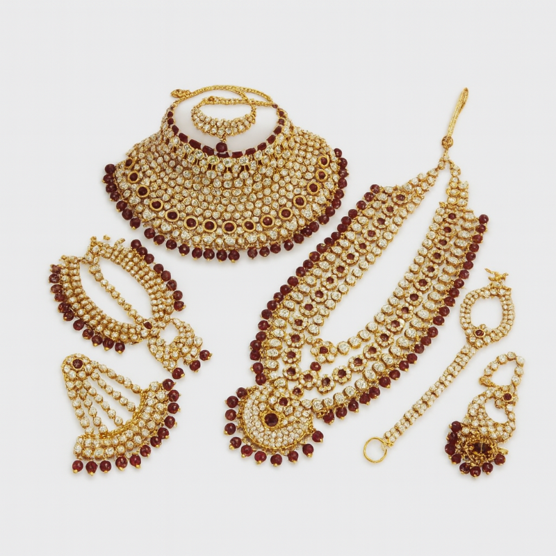 Indian Traditional Gold Plated Kundan Dulhan Bridal Jewellery Set With Choker EarringsMaang Tikka HathPhoor For Women-B001