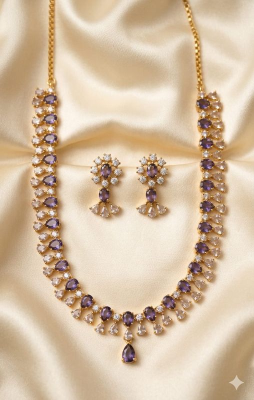 Necklace Set American Diamond Zirconia Studded Gold Plated Traditional Stylish Jewellery Gift for Women & Girls