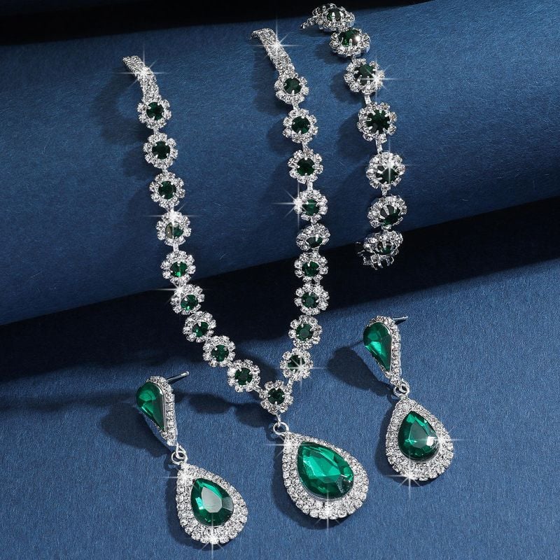 Fashion Bridal Jewelry Sets for Women Pink Blue Green Rhinestone Crystal Drop Pendant Luxury Wedding Necklaces Earrings Sets
-S001