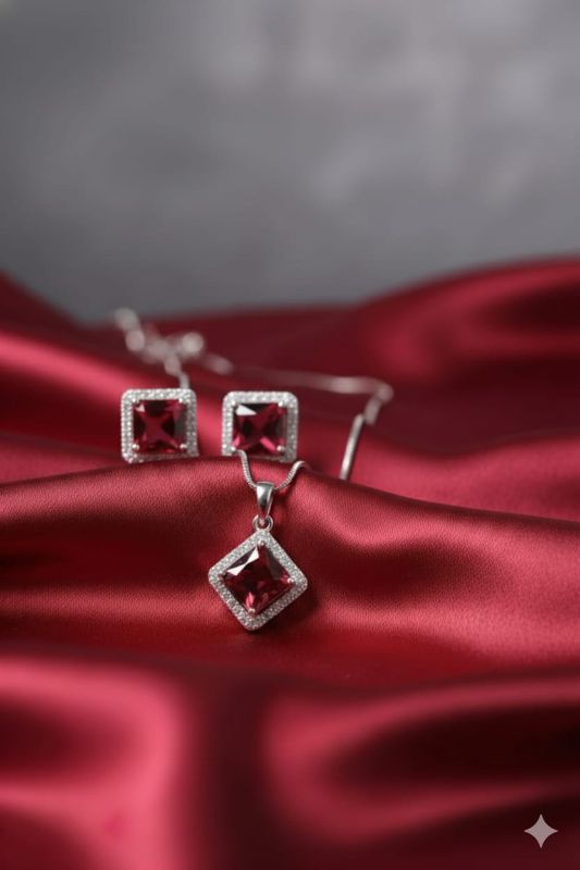 Silver Plated Luxury American Diamond Tear Drop Halo Crystal Pendant & Earrings Jewellery Set For Women & Gift For Girls - P0057