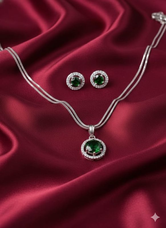 Silver Plated Luxury American Diamond Tear Drop Halo Crystal Pendant & Earrings Jewellery Set For Women & Gift For Girls - P0058