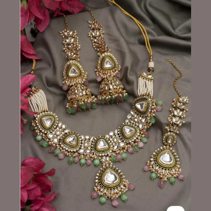 Sai Fashion Gold Plated Kundan Stone And Beads Necklace Set
-SB001