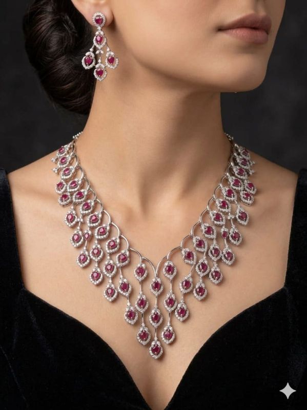 Rhodium-Plated with Silver-Toned White Cubic Zirconia & American Diamond studded Necklace and Drop Earrings Jewellery Set for women