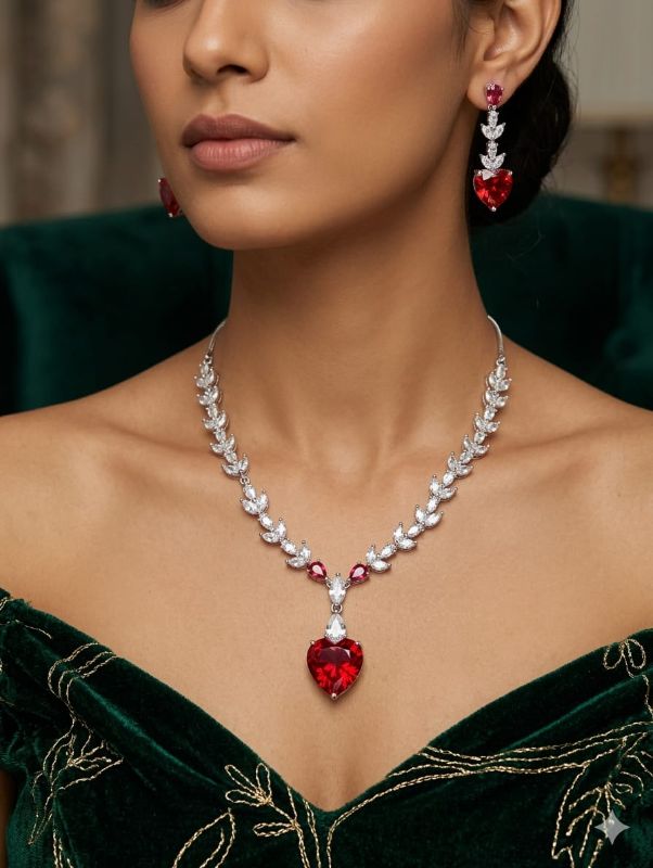 Rhodium-Plated with Silver-Toned White Cubic Zirconia & American Diamond studded Necklace and Drop Earrings Jewellery Set for women