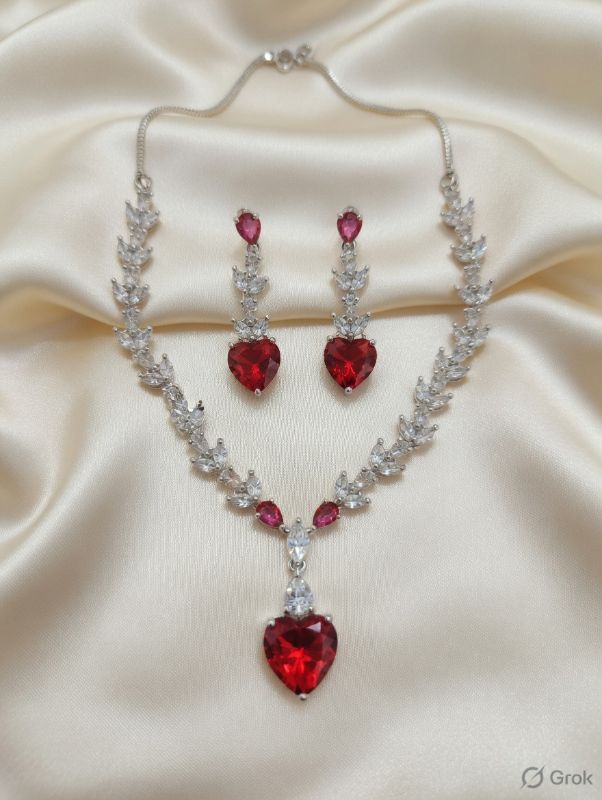 Rhodium-Plated with Silver-Toned White Cubic Zirconia & American Diamond studded Necklace and Drop Earrings Jewellery Set for women