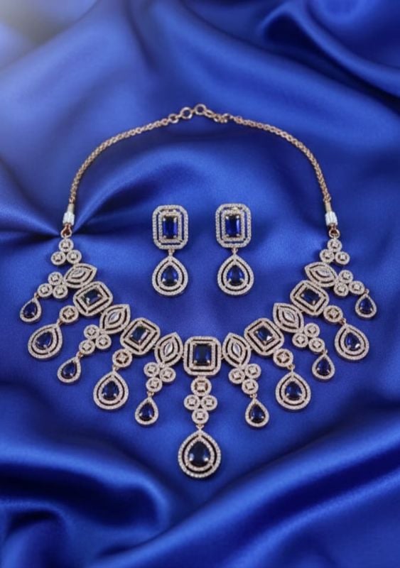 Rhodium-Plated American Diamond Studded Teardrop Tasselled Mehndi ploish Necklace With Earrings Jewellery Set For Girls and Women
-AD003