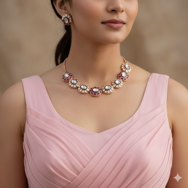 NAFJ Traditional Polki Kundan And Meenakari Designer Necklace Set-SB005