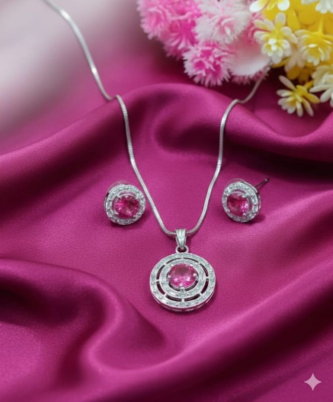 Silver Plated Luxury American Diamond Tear Drop Halo Crystal Pendant & Earrings Jewellery Set For Women & Gift For Girls - P0063