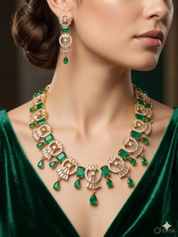 Rhodium-Plated with Gold-Toned White Cubic Zirconia & American Diamond studded Necklace and Drop Earrings Jewellery Set for women