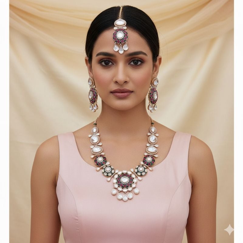 NAFJ Traditional Polki Kundan And Meenakari Designer Necklace Set
-SB004