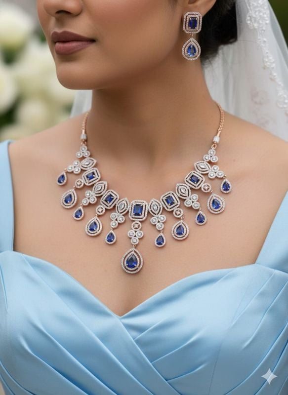 Rhodium-Plated American Diamond Studded Teardrop Tasselled Mehndi ploish Necklace With Earrings Jewellery Set For Girls and Women
-AD003