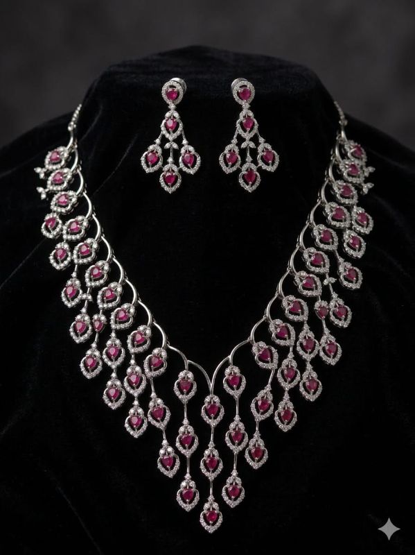 Rhodium-Plated with Silver-Toned White Cubic Zirconia & American Diamond studded Necklace and Drop Earrings Jewellery Set for women