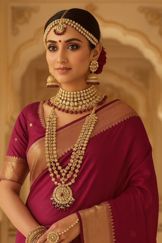 Indian Traditional Gold Plated Kundan Dulhan Bridal Jewellery Set With Choker EarringsMaang Tikka HathPhoor For Women-B001