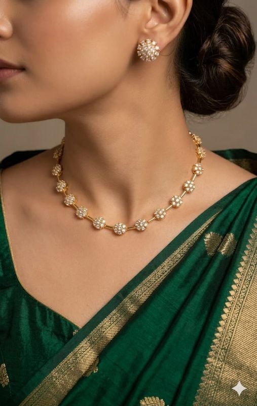 Rhodium Plated Silver Toned White American Diamond Studded Necklace With Earring Jewellery Set For Woment and Girl