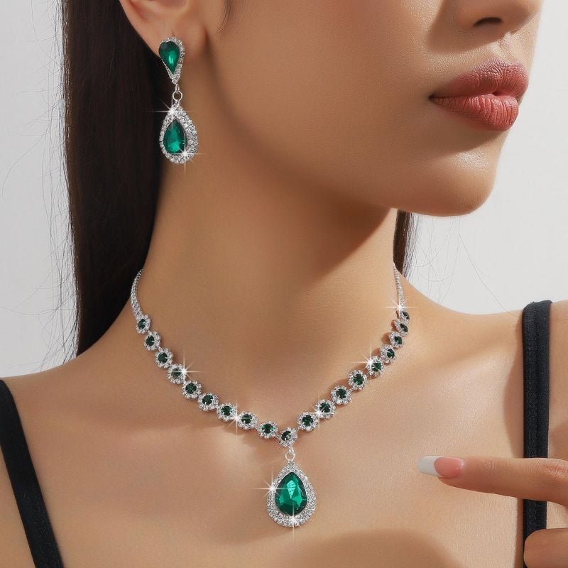 Fashion Bridal Jewelry Sets for Women Pink Blue Green Rhinestone Crystal Drop Pendant Luxury Wedding Necklaces Earrings Sets
-S001