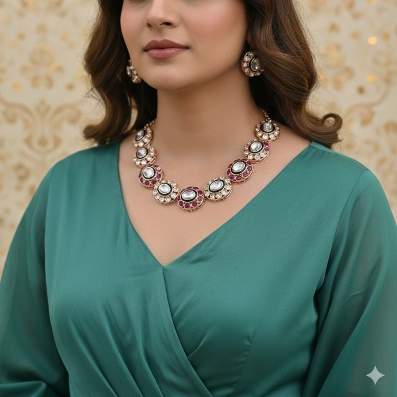 NAFJ Traditional Polki Kundan And Meenakari Designer Necklace Set-SB005