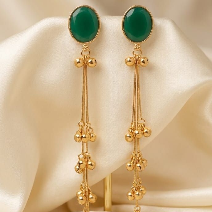 Kashmiri Style Gold Plated Long Chain Earrings for Women Traditional Dejhoor Inspired Hanging Earrings with Stones and Red Accents Wedding and Festive Jewelry