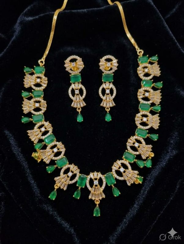 Rhodium-Plated with Gold-Toned White Cubic Zirconia & American Diamond studded Necklace and Drop Earrings Jewellery Set for women