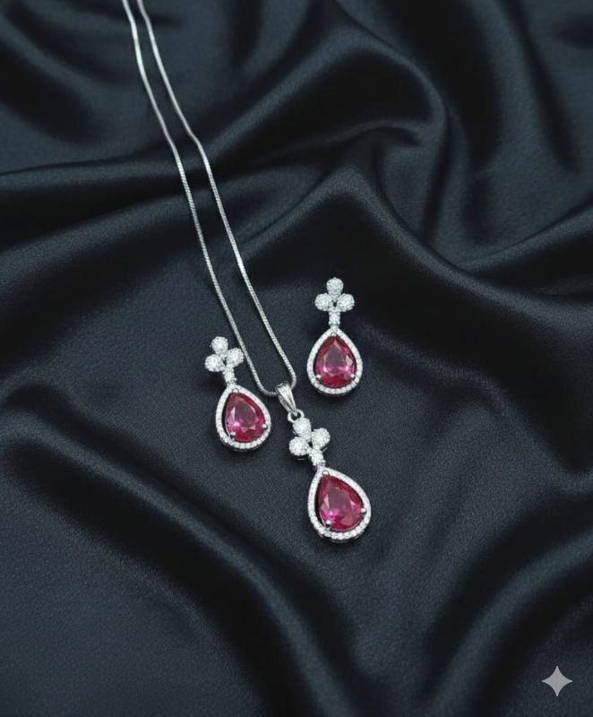 Silver Plated Luxury American Diamond Tear Drop Halo Crystal Pendant & Earrings Jewellery Set For Women & Gift For Girls - P0054