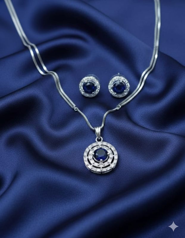 Silver Plated Luxury American Diamond Tear Drop Halo Crystal Pendant & Earrings Jewellery Set For Women & Gift For Girls - P0064