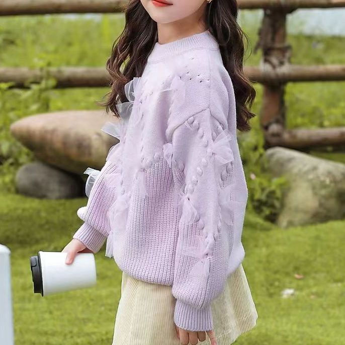 Girls' Sweater Autumn and Winter Fashionable Street Bow Knitted Base Shirt Children's Fleece-Lined Thickened Sweater