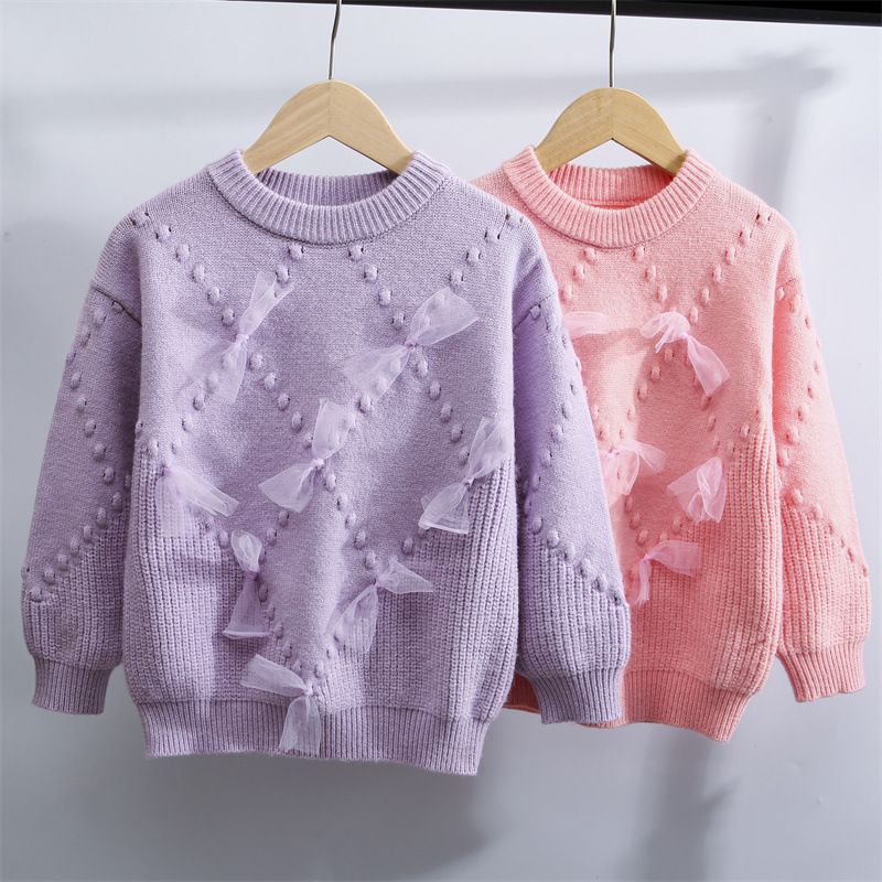 Girls' Sweater Autumn and Winter Fashionable Street Bow Knitted Base Shirt Children's Fleece-Lined Thickened Sweater