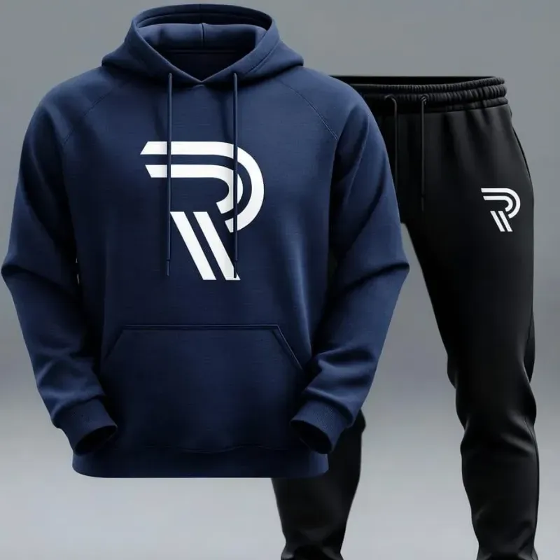 Contrast Navy Blue R Printed Hooded Tracksuit for Mens