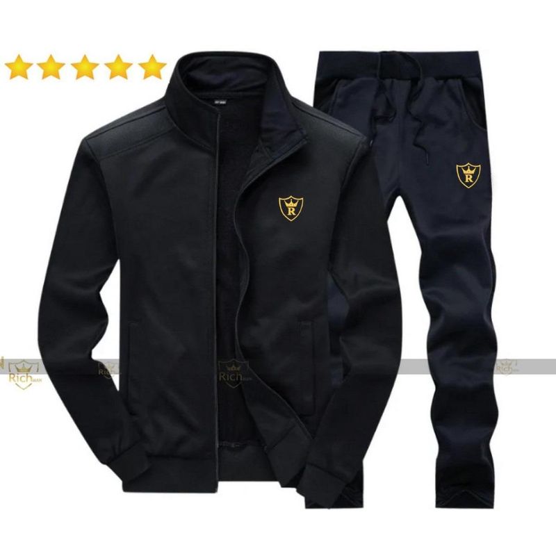 Men's Fleece Track Suit - 2 Pcs - Black - Plain