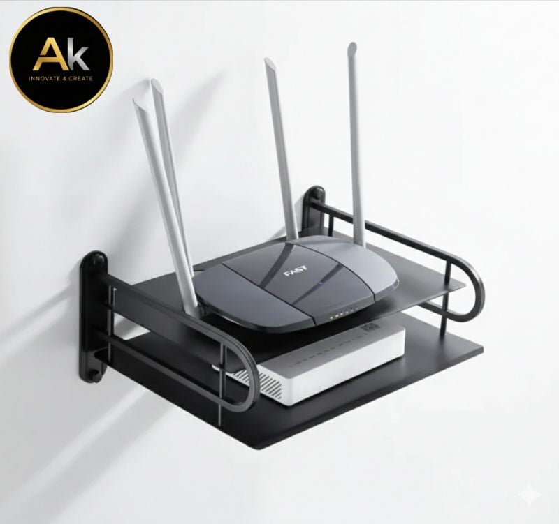 2- layer Wall mount wifi router stand, metal shelf for tv box & remotes black