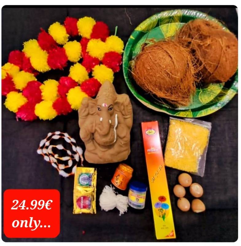 Ganesh Idol Kit - 7 Inch Ganesh Idol + 2 Coconuts + 1 Marigold Flower Garland + 1 Ashthagandha Chandan + 1 Camphor + 1 - 100pcs Cotton Whicks / Batti + 1 Vasthram + 1 Aggarbatthi + 1 Akshat pkt + 1 Haldi Kumkum pkt + 5 Betel Nuts / Raw Supari