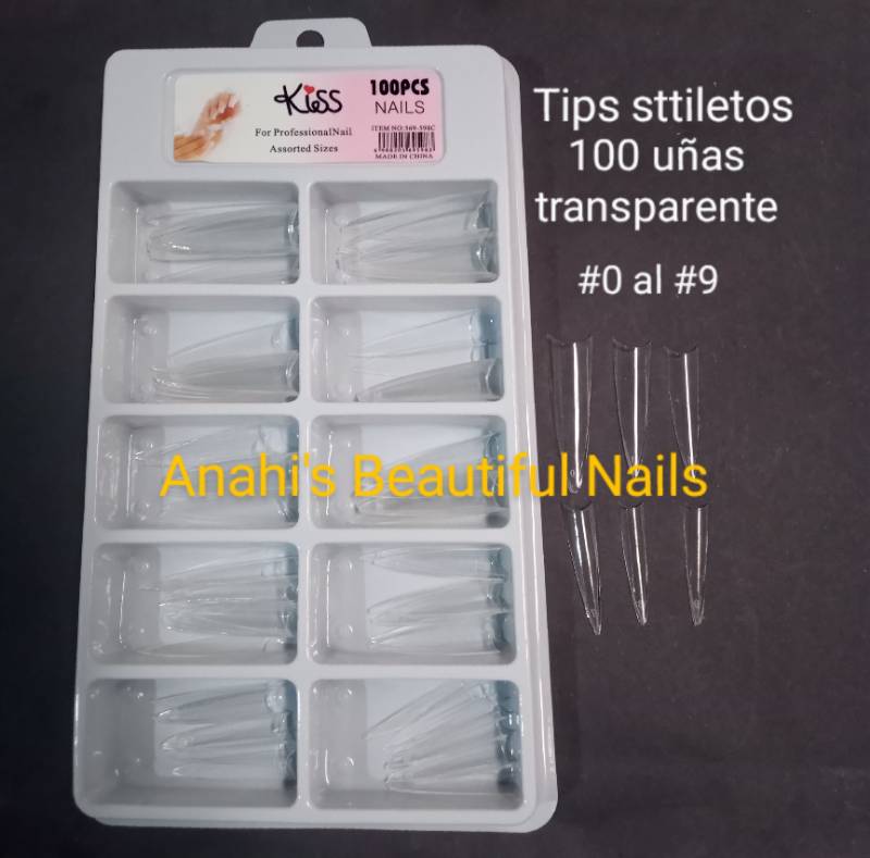 Tips stiletto 100 uñas transparente