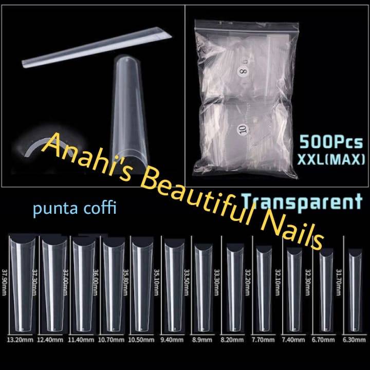 Tips coffi transparente 500 uñas extralargos