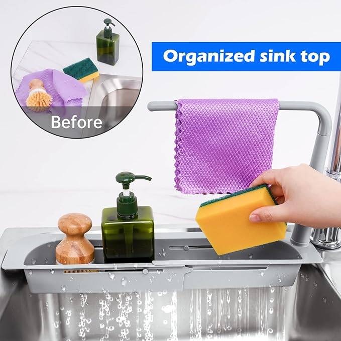 #04 NiHome Telescopic Kitchen Over Sink Organizer with Towel Hanger, Expandable Slim Drain Basket Multifunctional Caddy Adjustable Length Colander Rack Sponge Holder Storage Tray for Home Bathroom (Grey)