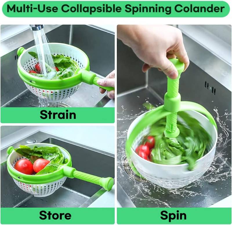 #15 Salad Spinner, Multi-Use Kitchen Collapsible Spinning Colander with Handle, Strainer, Washer Dryer Drainer Compact Storage, for Washing, Cleaning & Drying Greens, Vegetables, Fruits