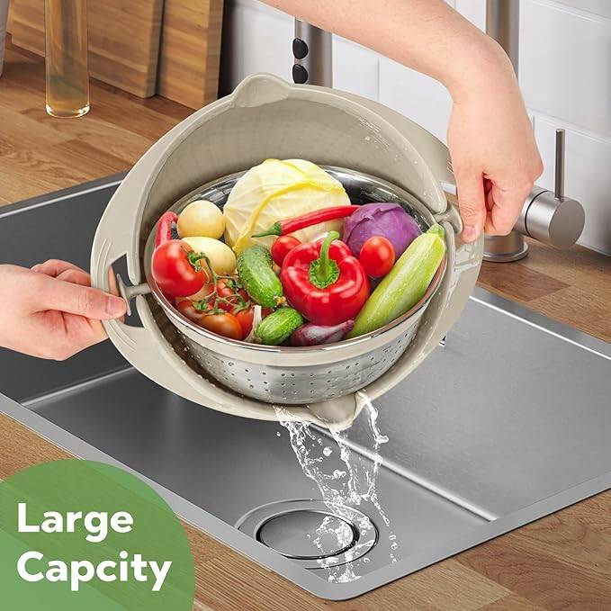 #05 Multifunctional Kitchen Colander Set,Kitchen Fruit and Vegetable Cleaner Colanders & Food Strainers,Rice Strainer,Vegetable Slicer,Kitchen washer and Spinner Bowl (Beige)