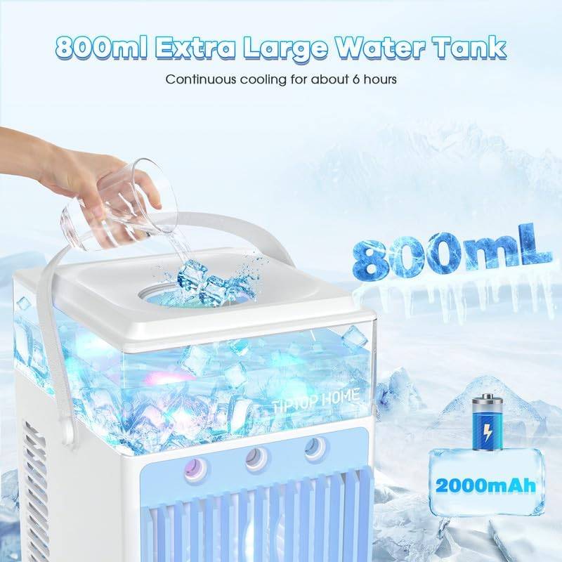 Portable Air Conditioner Fan, Rechargeable 4-IN-1 Personal Mini Cooler Humidifier, 3-Speed Evaporative Air Cooler with 7 Color Lights, Cordless AC Desktop Spray Fan, Quiet Desktop Cooling Fan